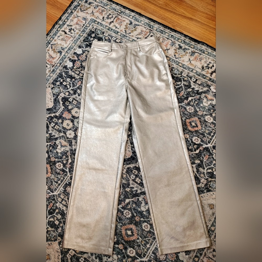 WAYF Women's Five (5) Pocket Silver Metallic Vegan Leather Pants. Size M. NWOT!